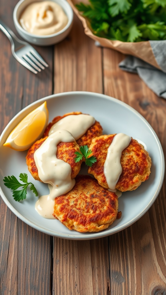 Crispy salmon patties served with remoulade sauce and garnished with parsley and lemon.